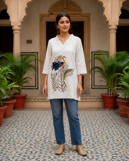 Ivory Embroidered Cotton Kurti