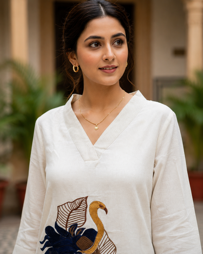 Ivory Embroidered Cotton Kurti