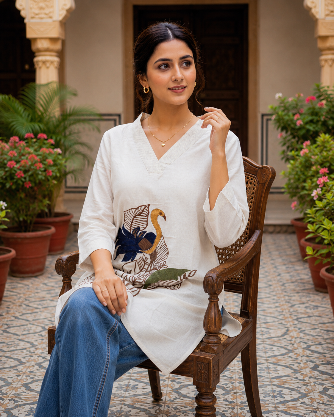 Ivory Embroidered Cotton Kurti