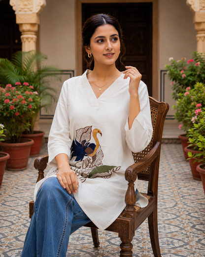 Ivory Embroidered Cotton Kurti