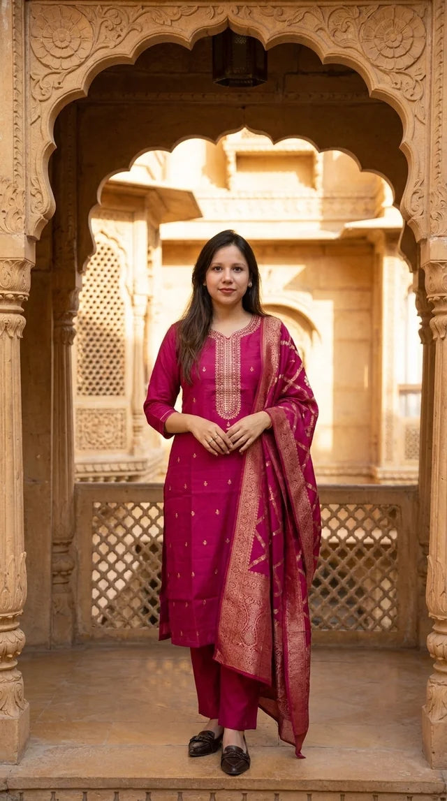 Magenta zari-look modal muslin kurta set with pant and printed dupatta