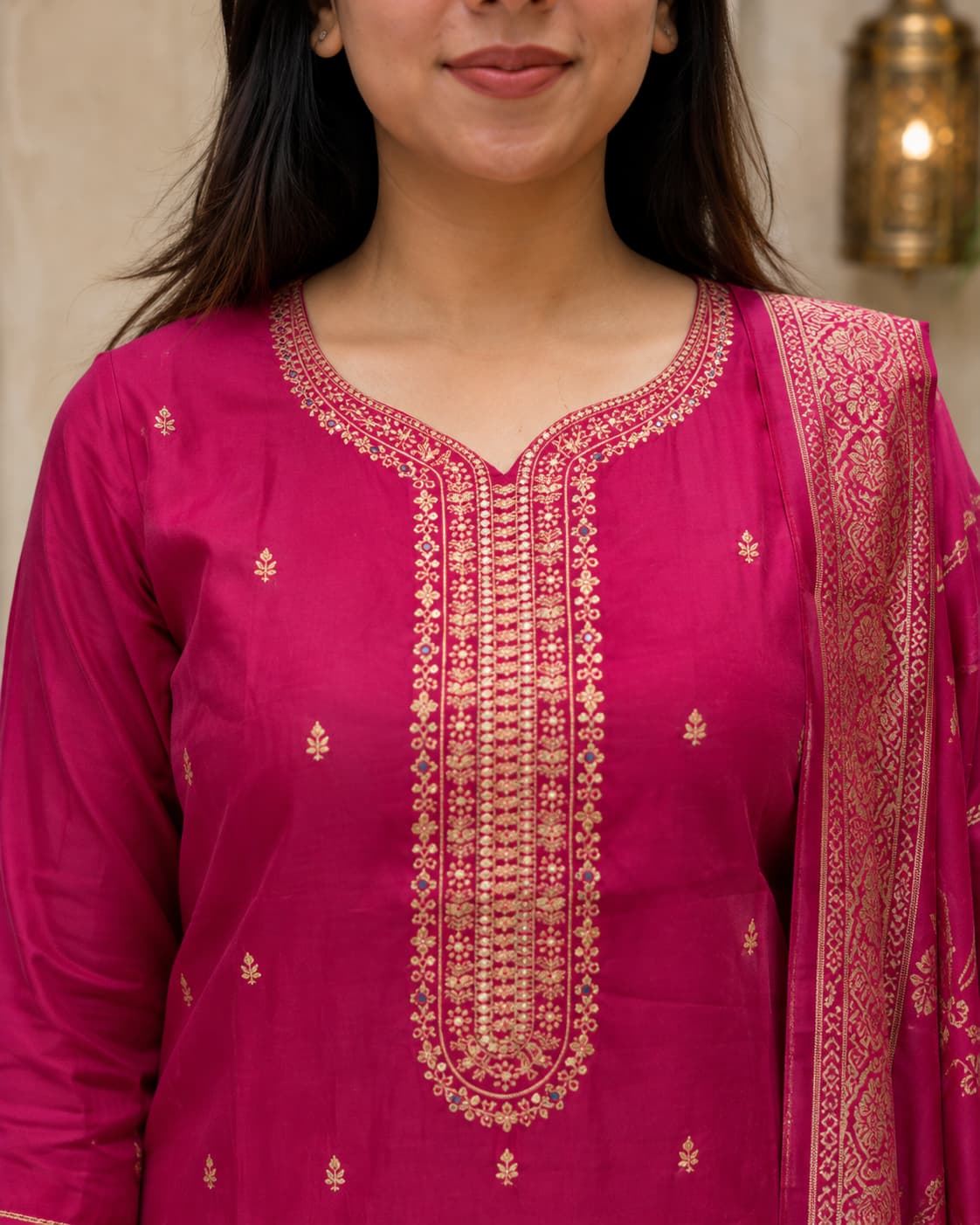 Magenta modal muslin kurta set with cotton lining, side view