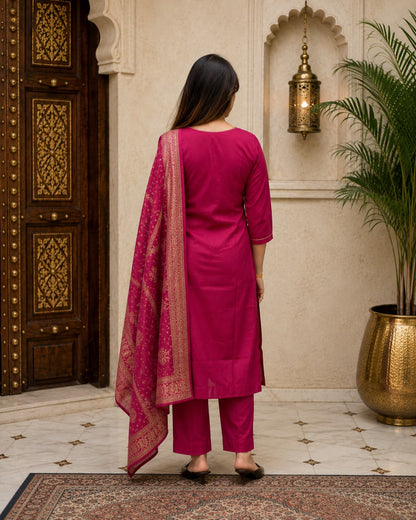 Printed modal dupatta styled with the magenta zari-look kurta set