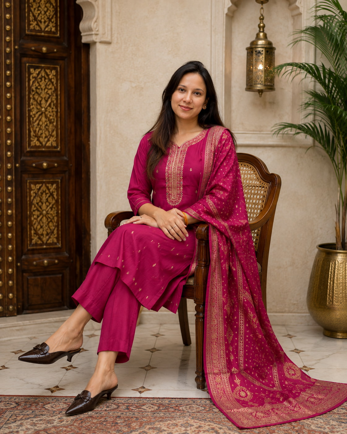 Magenta kurta with golden thread work on the yoke in modal muslin