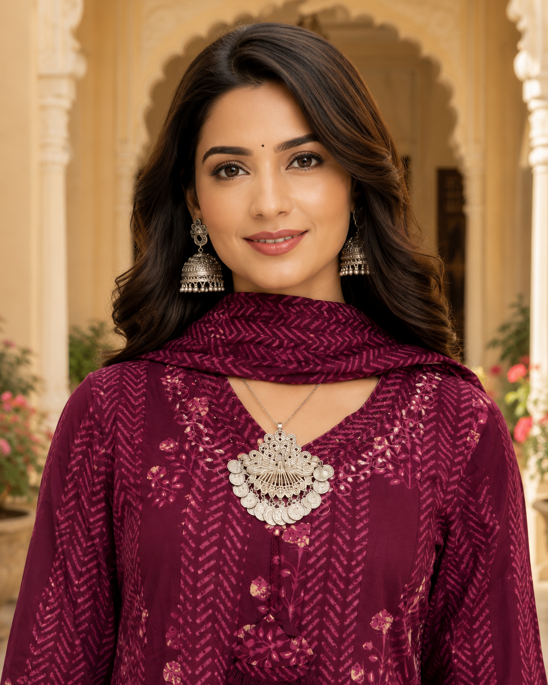 Maroon Printed Anarkali Cotton Kurta Set