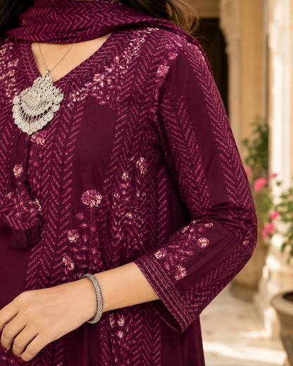 Maroon Printed Anarkali Cotton Kurta Set