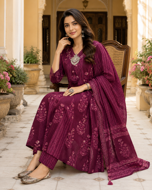 Maroon Printed Anarkali Cotton Kurta Set