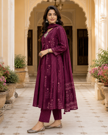 Maroon Printed Anarkali Cotton Kurta Set
