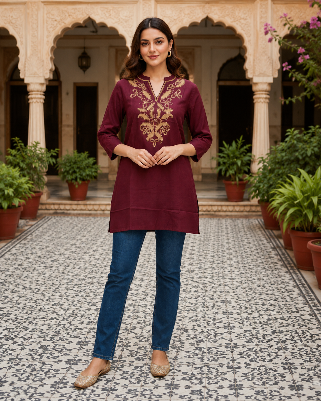 Maroon Embroidered Kurti