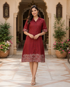 Rust - Maroon Embroidered Cotton Shirt Dress