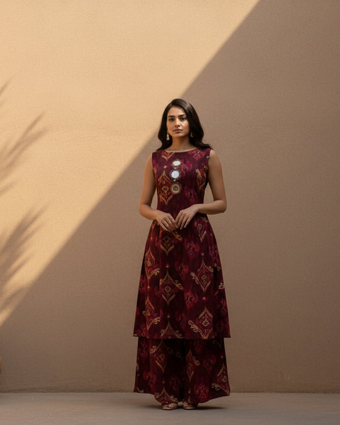 Maroon print cotton Kurta set