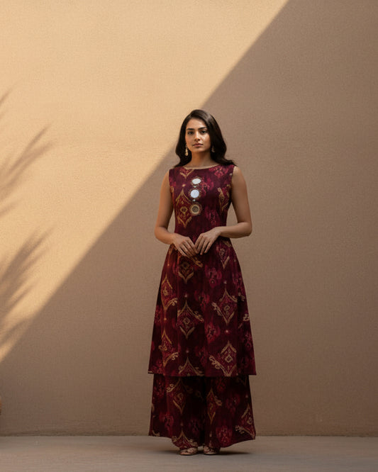 Maroon print cotton Kurta set