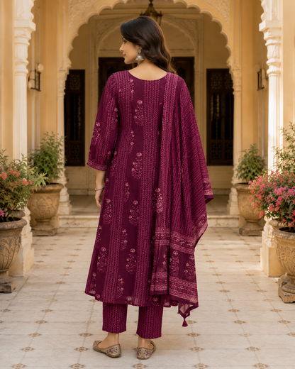 Maroon Printed Anarkali Cotton Kurta Set