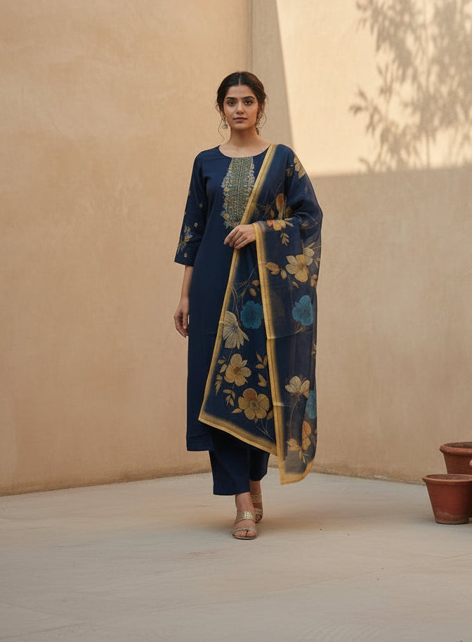 Navy Blue Embroidered Silk Kurta Set with Dupatta