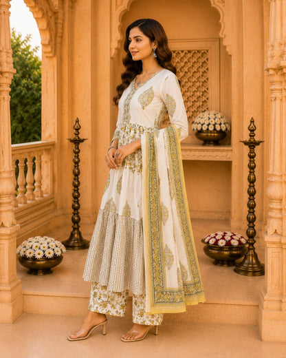Off White Printed Cotton Kurta Set