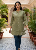 Olive Green Cotton Embroidered Kurti for Women