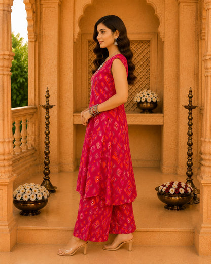 Two-piece hot pink mirror work kurta and palazzo set for women