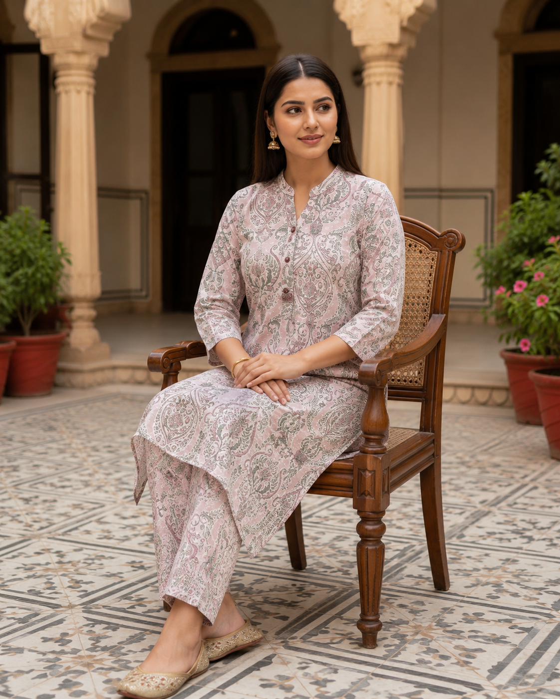 Pastel Pink Printed Cotton Kurta Set