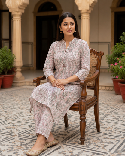Pastel Pink Printed Cotton Kurta Set