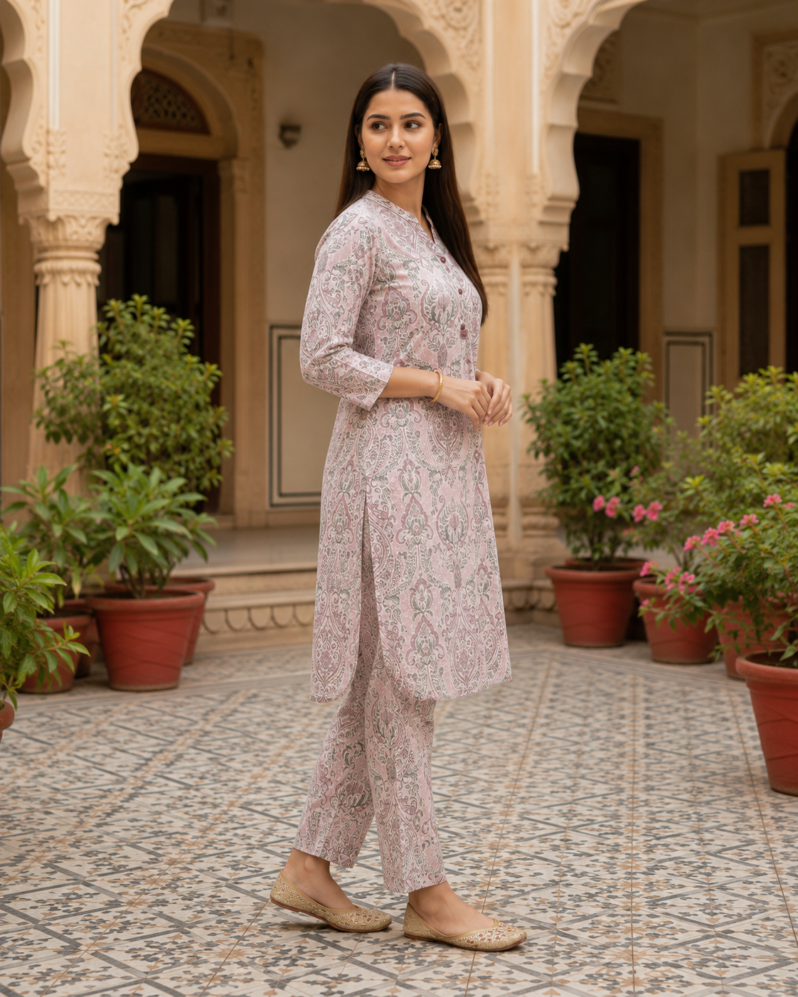Pastel Pink Printed Cotton Kurta Set
