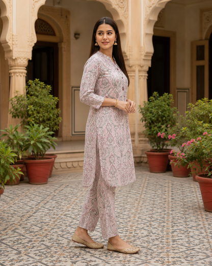 Pastel Pink Printed Cotton Kurta Set