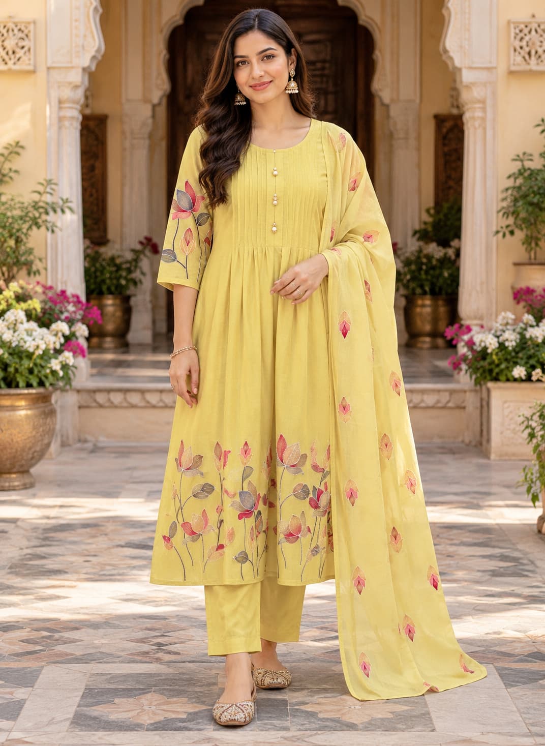 Aabha Mul Chanderi Kurta Pant Dupatta Set