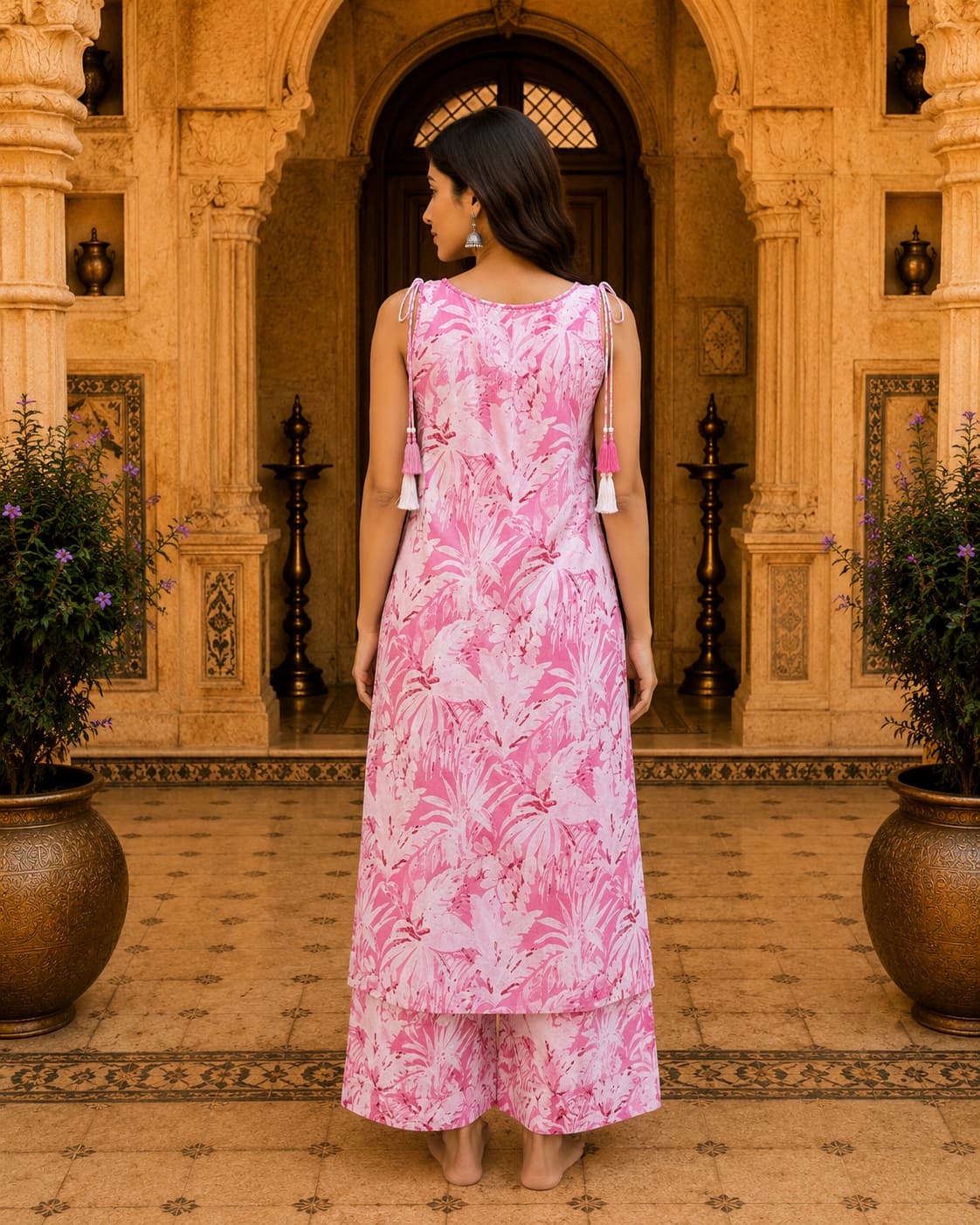 Pink tropical print co-ord set styled for summer and resort wear