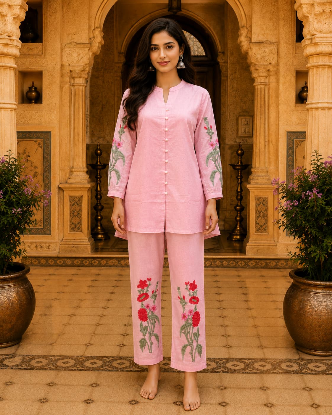 Light pink embroidered cotton co-ord set for women - front view