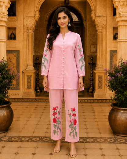 Light pink embroidered cotton co-ord set for women - front view
