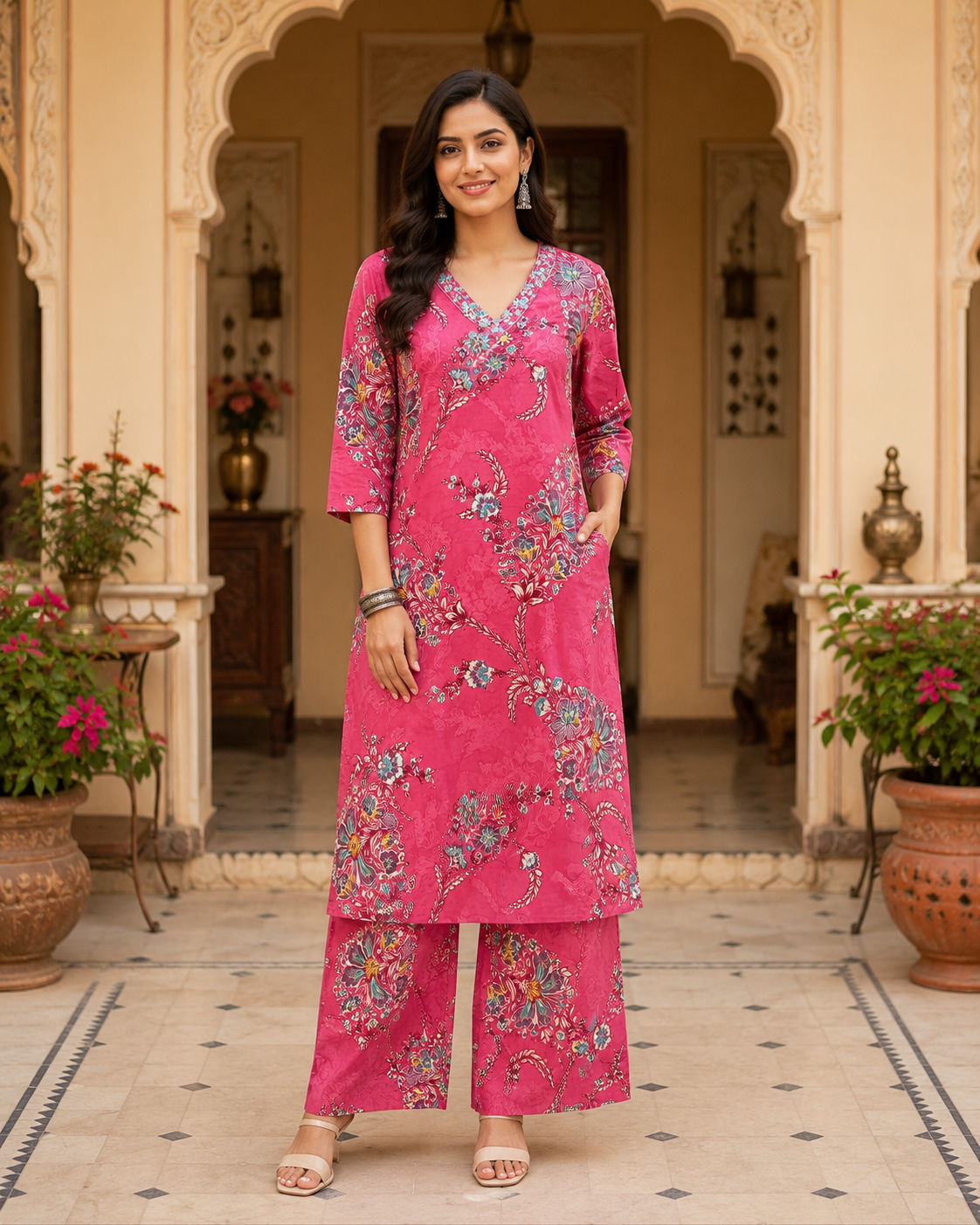 Pink Printed Cotton Kurta Set