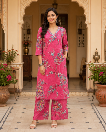 Pink Printed Cotton Kurta Set