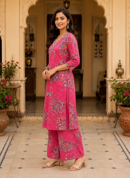 Pink Printed Cotton Kurta Set