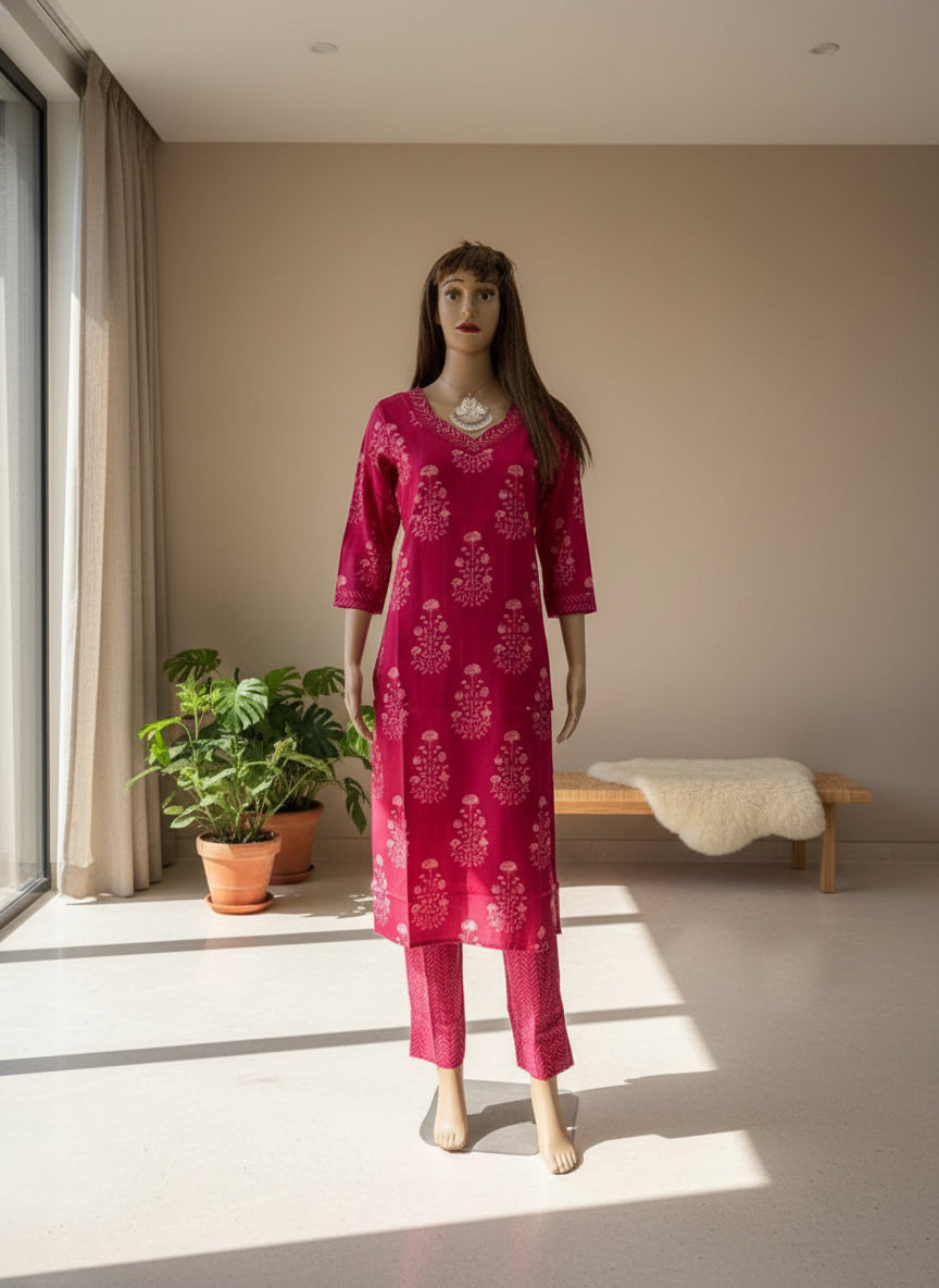 Pink Cotton Print Kurta Set 8