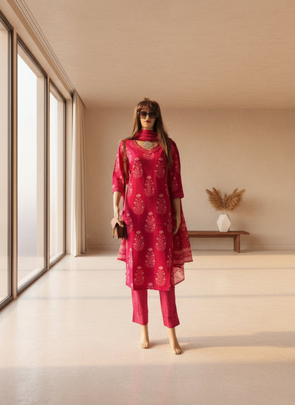 Pink Cotton print kurta set