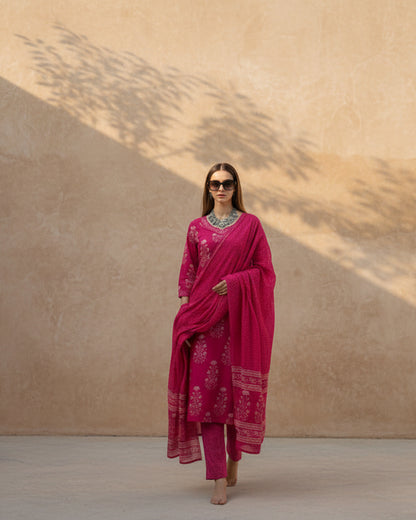 Pink Cotton print kurta set 2