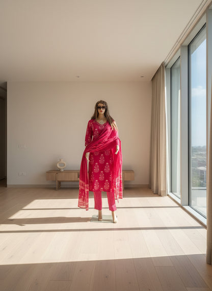 Pink Cotton print kurta set 3