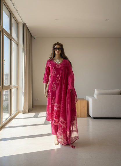 Pink Cotton print kurta set 4
