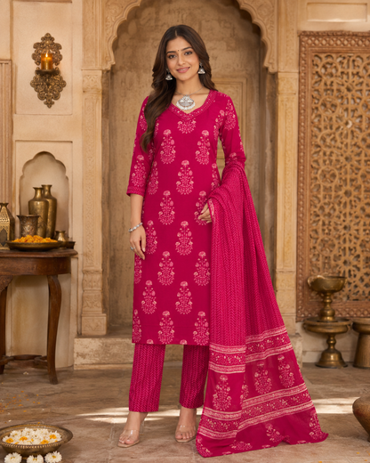 Pink bloom Printed Cotton Kurta Set1