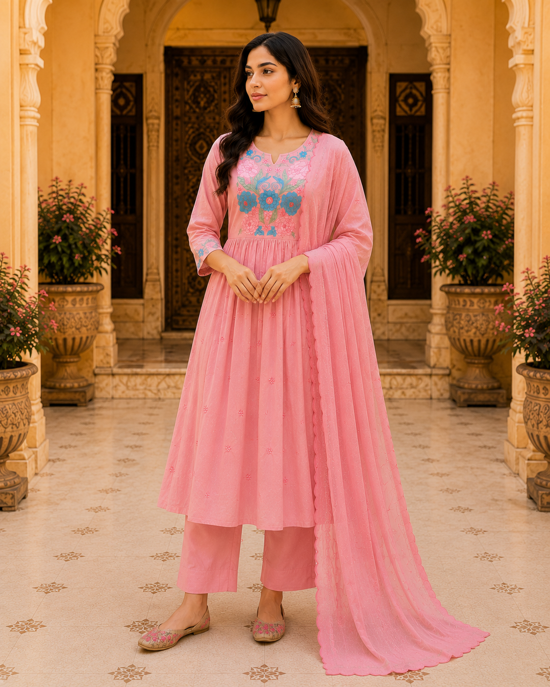 Pink Embroidered cotton Kurta Set