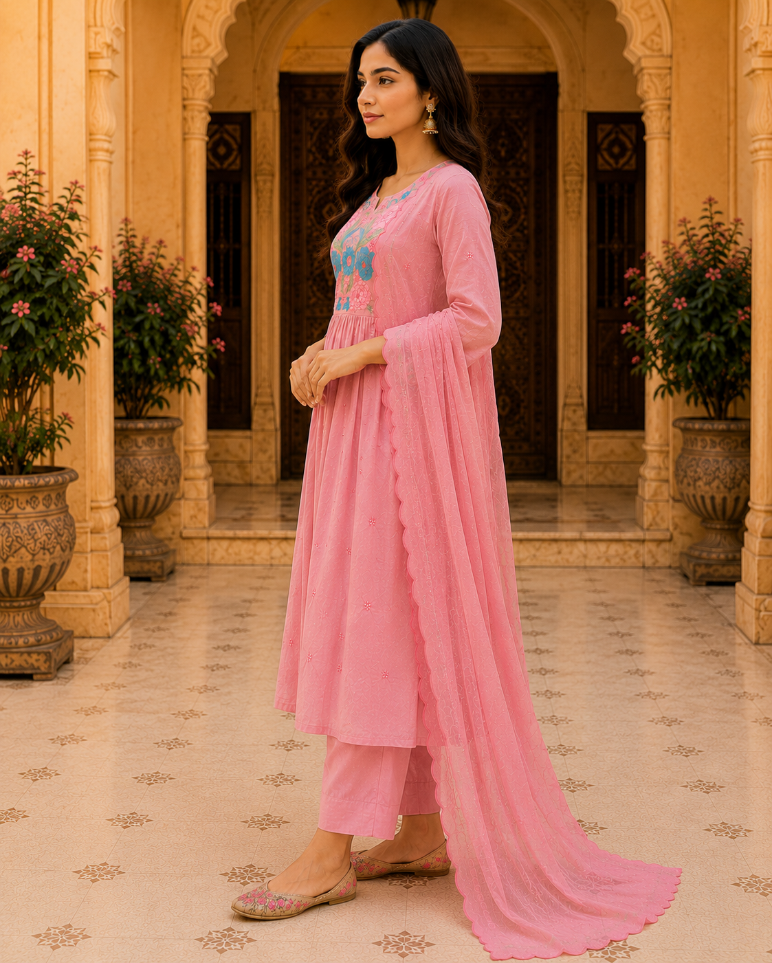 Pink Embroidered cotton Kurta Set
