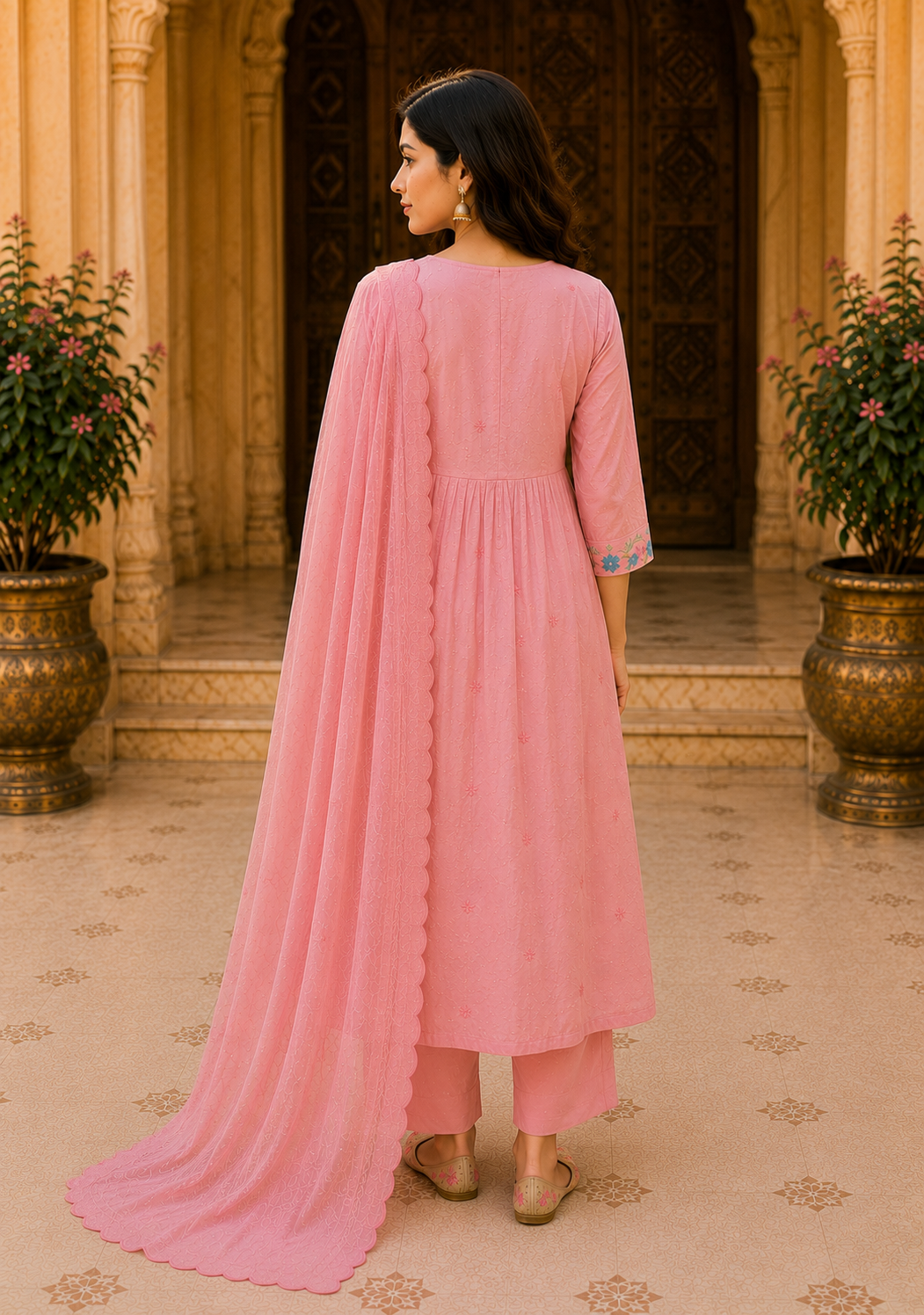 Pink Embroidered cotton Kurta Set