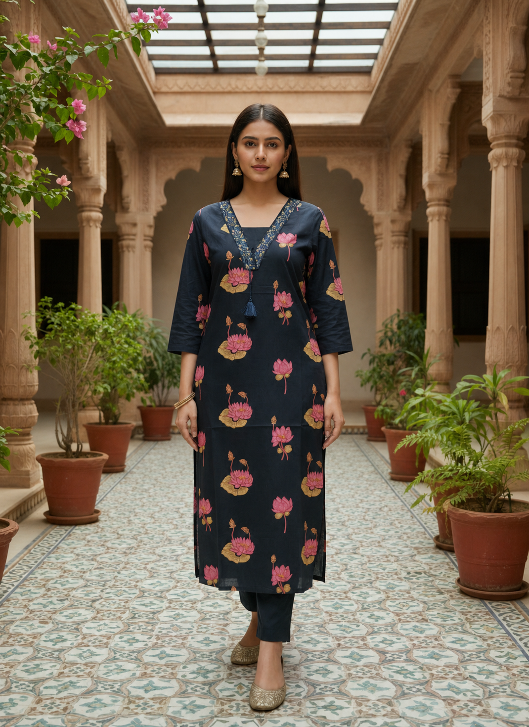 Navy Blue Lotus Printed Kurta Set With Dupatta | Odhanibymann