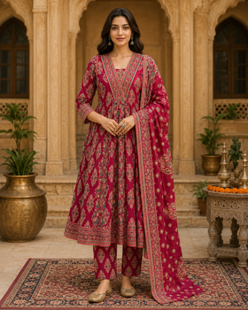 Pink Cotton Printed Aline Kurta Set