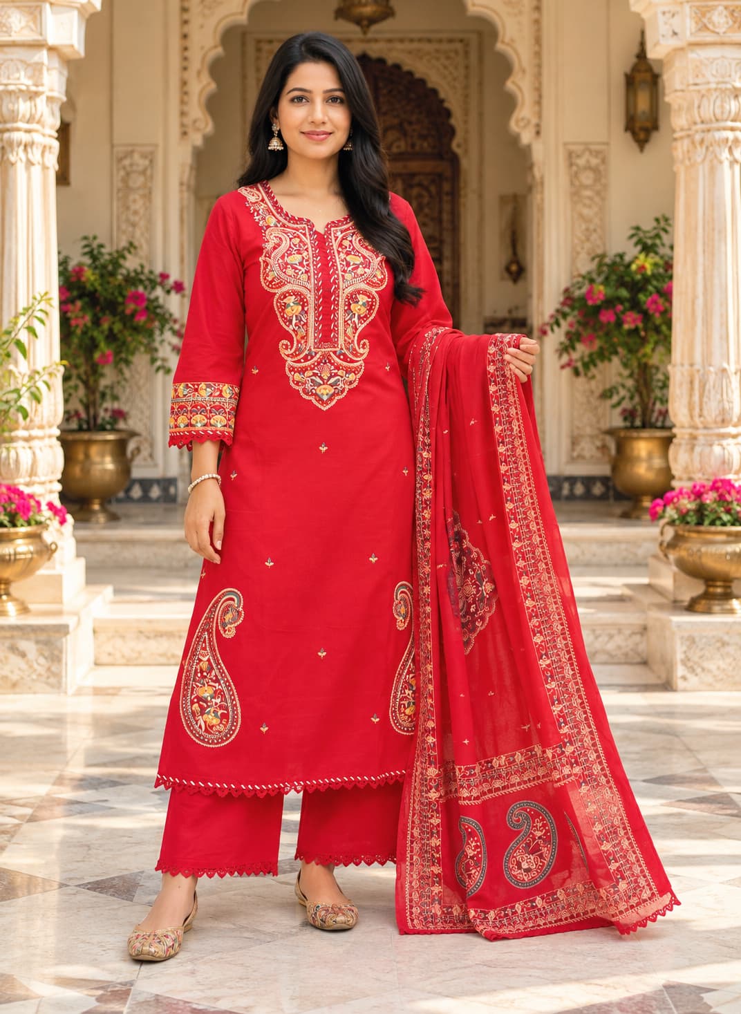 Red embroidered kurta set styled with the dupatta draped over one shoulder