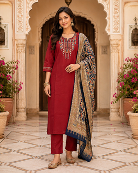 Red Cotton Kurta Set with  KalamKari Dupatta