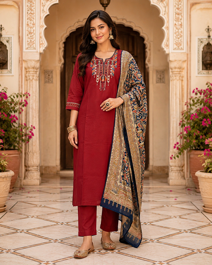 Red Embroidered Kurta Set with Printed Dupatta for Women1