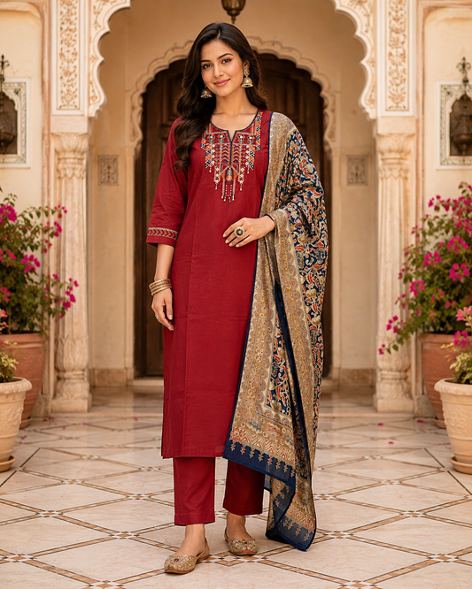 Red Embroidered Kurta Set with Printed Dupatta for Women1