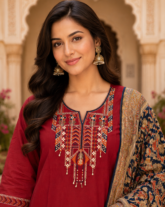 Red_Embroidered_Kurta_Set_with_Printed_Dupatta_for_Women2