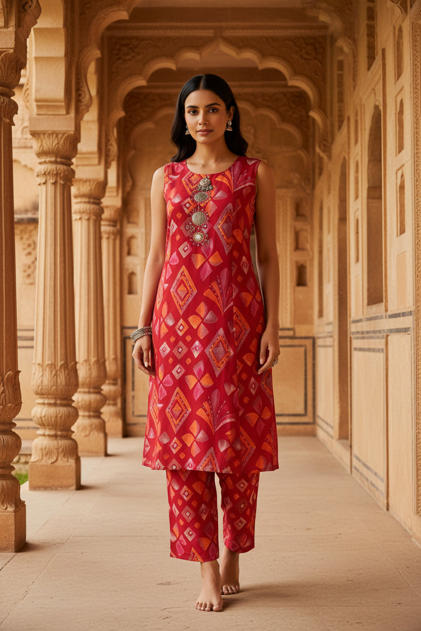 Red Print Kurta Set 5