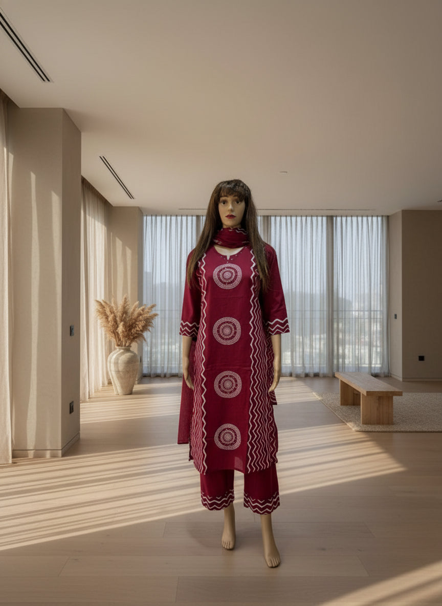 Red Print cotton Kurta Set 1